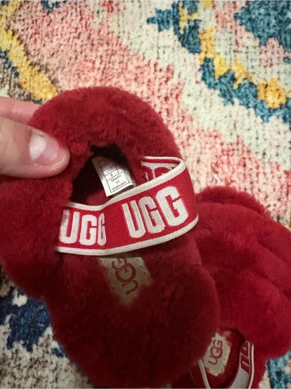 UGG Red Plush Fur Slide Sandals with Branded Strap